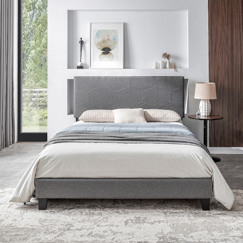 Queen Size Faux Leather Honeycomb Upholstered Platform Bed - Grey