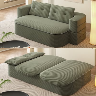 78.7" Corduroy Convertible Sofa Bed with 2 Pillows, Modern 2-in-1 Foldable Loveseat Couch, Deep Seat Floor Sleeper Sofa