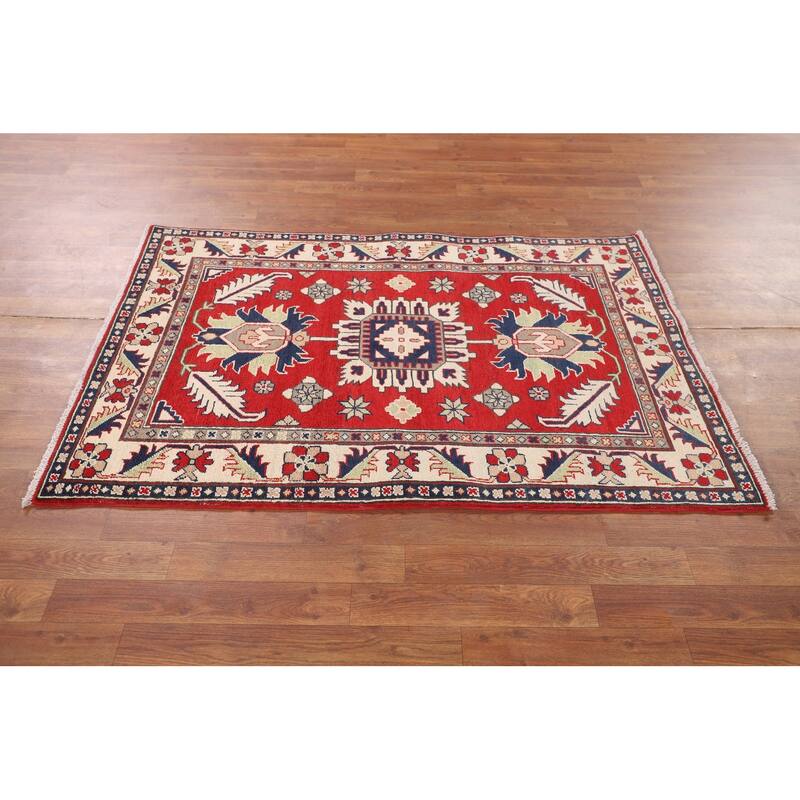 Red Traditional / Geometric Kazak Accent Rug Hand-Knotted Wool Carpet - 3'4" x 5'0"