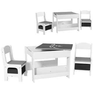 3 Piece Kids Table and Chair Set, 2 in 1 Toddler Table and Chair Set with Reversible Tabletop Blackboard, Storage & Bookshelves