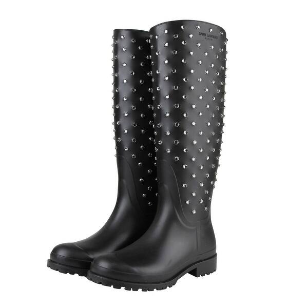 Saint Laurent Women S Black Rubber Women Rain Boots With Crystal Studs 1000