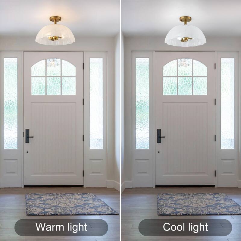 Modern 2-Light Cloud Glass Dome Semi Flush Mount Ceiling Light - Brass - 16" W × 9.5" H