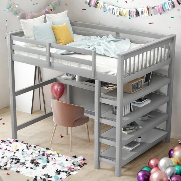 slide 2 of 27, 2 Beds In 1 Twin Size Loft Bed With Two Built-in Desks for Home Grey