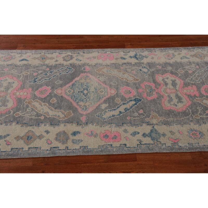 Hand Knotted Oriental 100% Wool Carpet Transitional Geometric Greys & Charcoal Oushak Runner Rug - 16' 1'' X 3' 5''