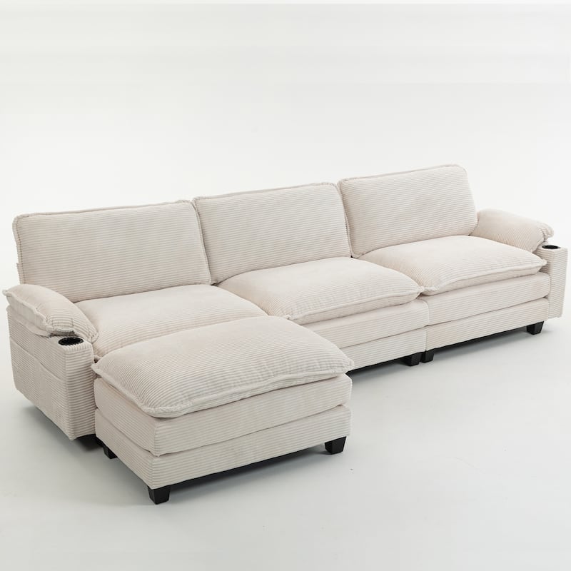 113" L Shaped Sectional Sofa, Deep Seat Cloud Couch with Ottoman, Oversized Corduroy Couch with Cup Holders, Storage Bags