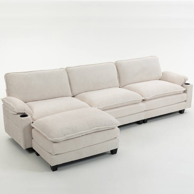 L-Shaped Modular Sectional Sofa with Ottoman, Oversized Corduroy Upholstered Cloud Couch with Cup Holders & Side Pockets