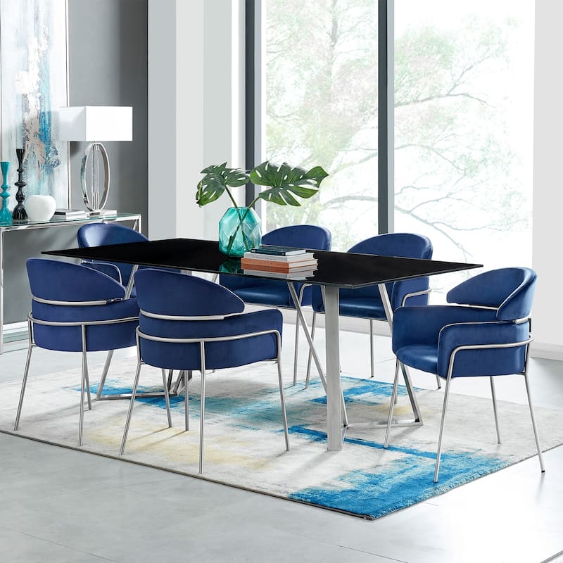 Cressida Portia 7 Piece Dining Set with Black Glass Table Top and Velvet Chairs