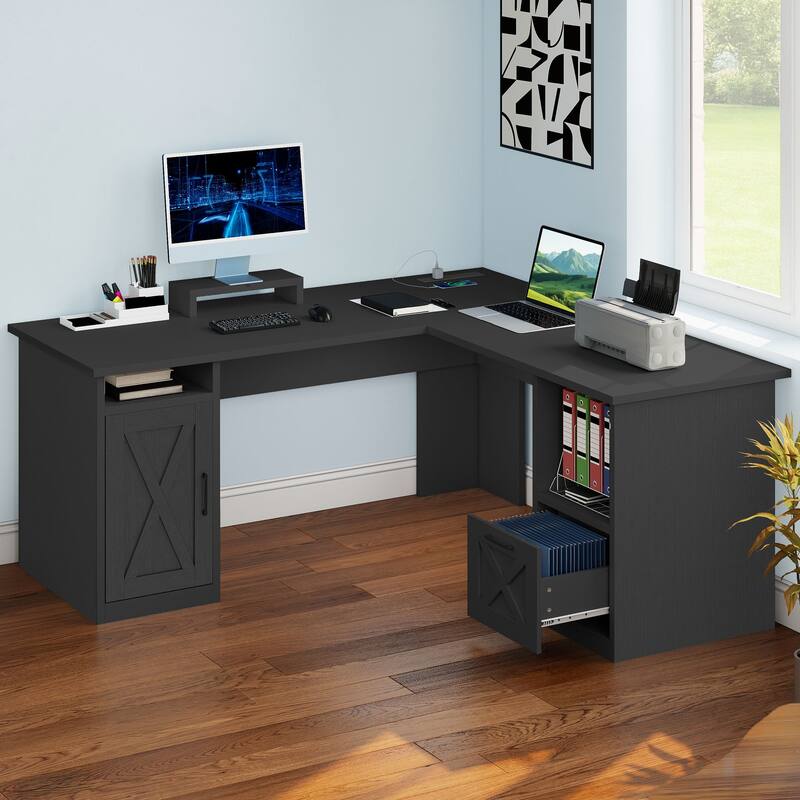 Moasis 59" L Shaped Office Desk with File Cabinet, Corner Computer Desk with Monitor Stand for Home Ofiice