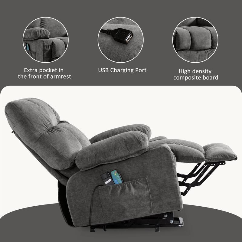 Blue Power Lift Recliner with Heating, Massage, USB Charging, Side Storage, and Remote Control Functionality