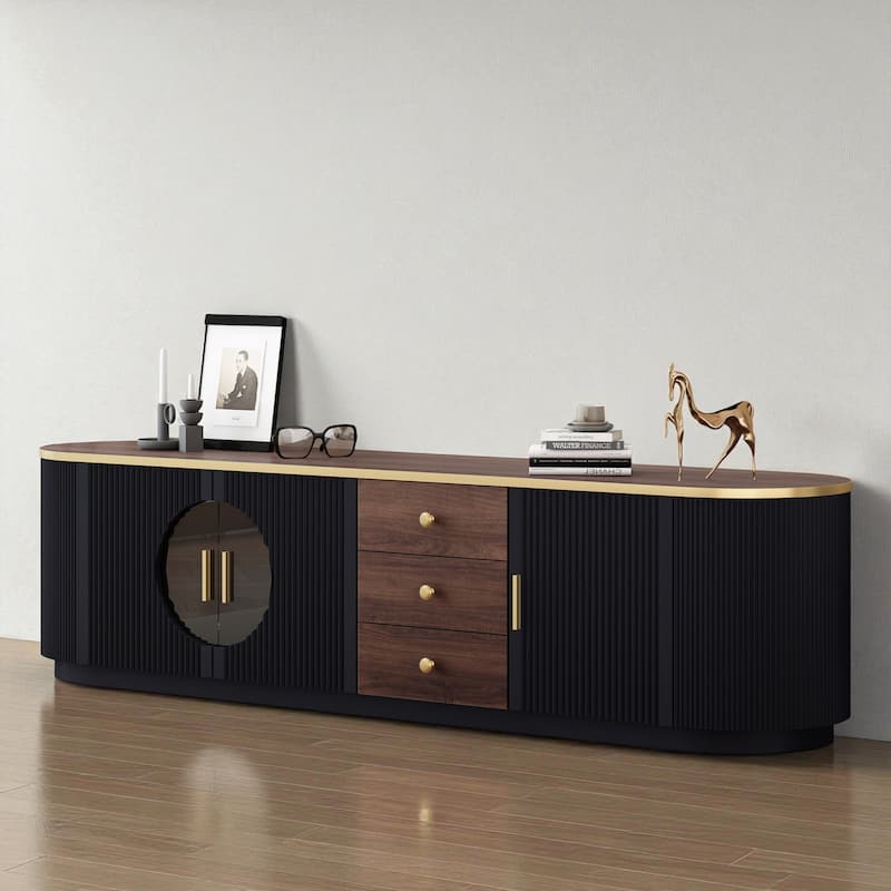 70.8'' Modern TV Stand for TVs up to 80'', Entertainment Center with 3 Drawers, 2 Cabinets & Glass Doors for Living Room