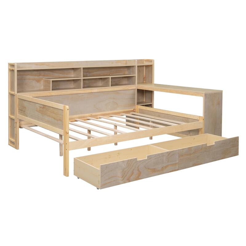 Modern Wooden Multi-functional Daybed with Storage Shelves and Drawers