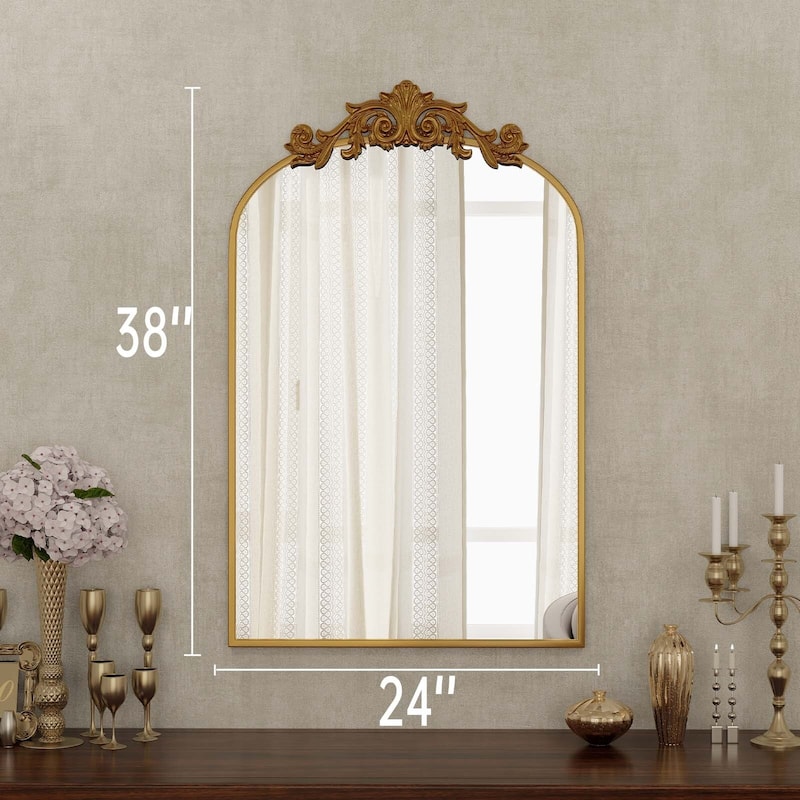 Metal Arch-top Bathroom Mirror with Baroque flower - Bronze - 24x28