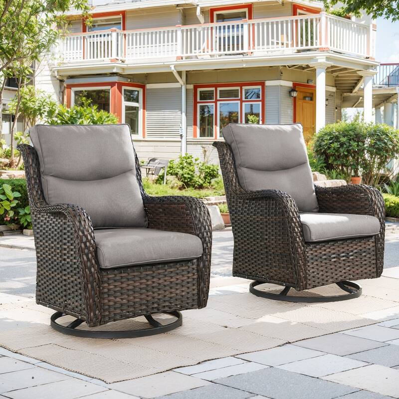Gymojoy Outdoor Wicker Swivel Glider Chairs with 5" Cushions - 2-Piece - Brown Wicker / Grey Cushion