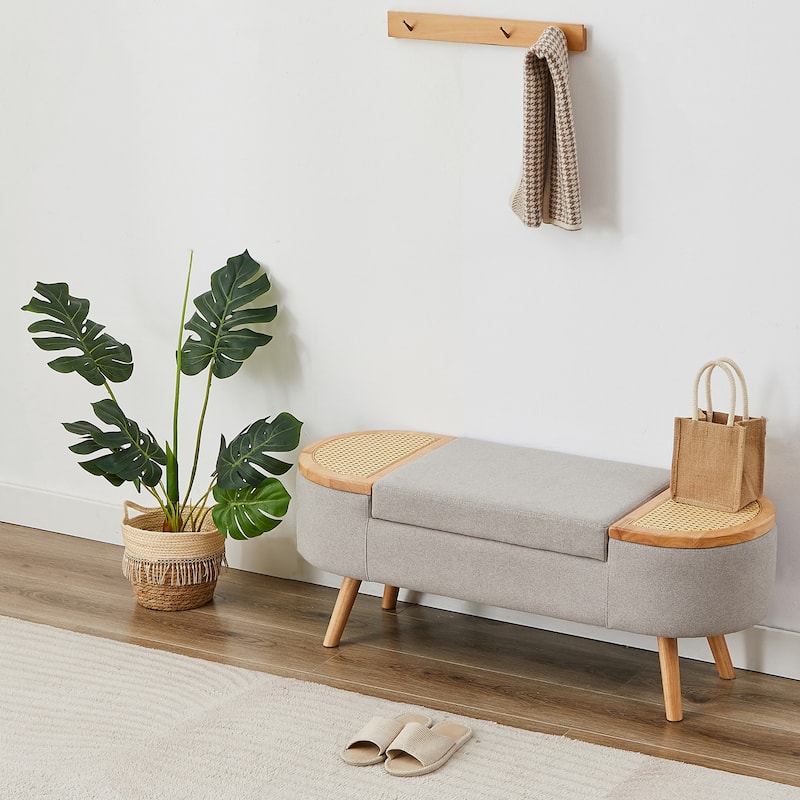 Ottoman Storage Bench with Rattan,Linen Seat