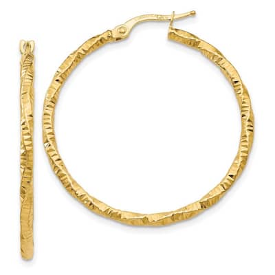 Curata 14k Yellow Gold Textured 2x35mm Hoop Earrings