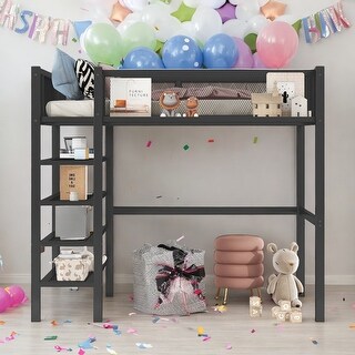 Twin Size Metal Loft Bed with 4-Tier Shelves and Storage,Metal Loft Bed With Storage Space,Modern Style,Black