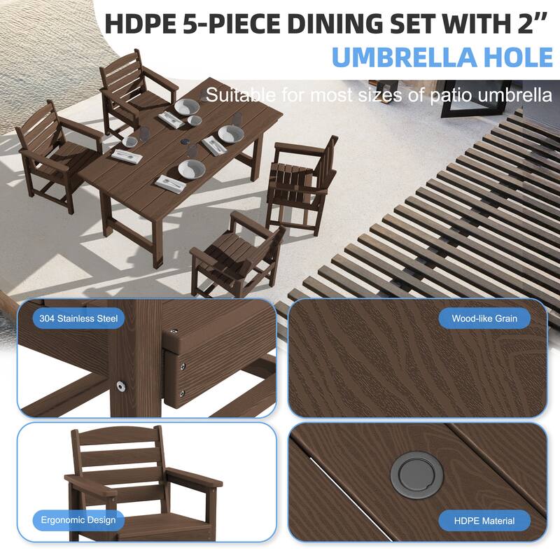 5-Piece HDPE Outdoor Dining Table Sets with Umbrella Hole - 1-Table 4-Chairs