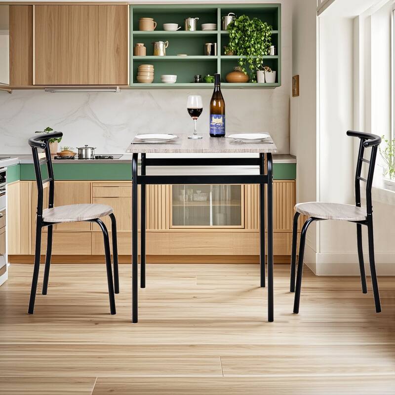 VECELO 3-Piece Compact Dining Set Space Saving 26.4" Square Table & Nesting Chairs Black Curved Frame & Round Back Chairs - Grey