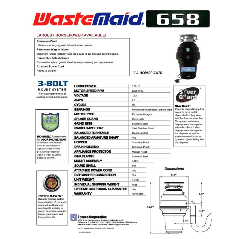 Waste Maid 1-1/4 HP Premium Garbage Disposal with Attached Power Cord - stainless steel - 1-1/4 hp