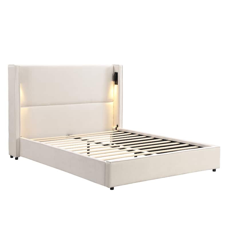 Christopher Knight Home- Cassie Upholstered Bed Frame with Reading Lamp & USB Port