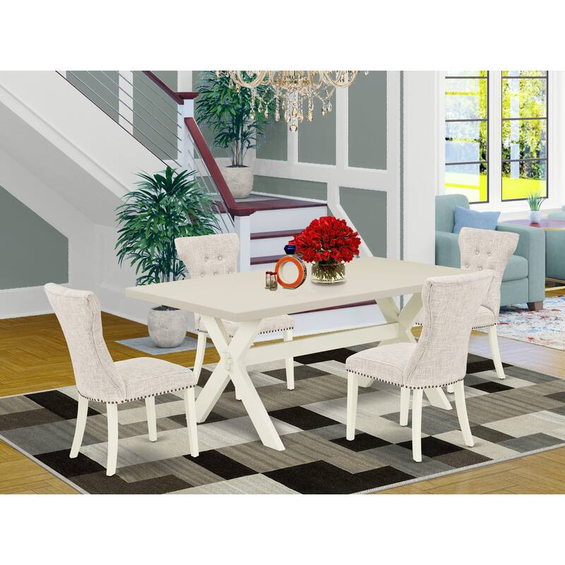 East West Furniture Table Set- a Dining Room Table with X-Legs and Doeskin Linen Fabric Parson Chairs, Off-White(Pieces Options) - X027GA235-5