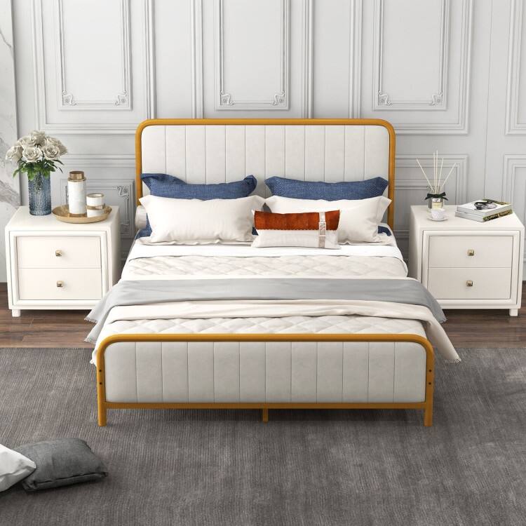 Upholstered Gold Platform Bed Frame with Velvet Headboard