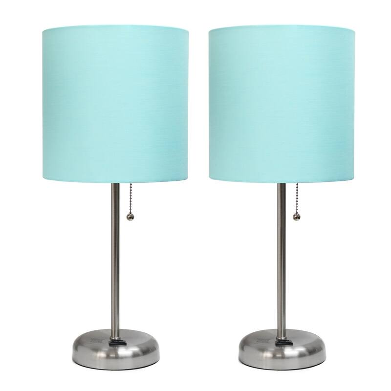 19.5 in. Brushed Steel Finish Table Lamp with Blue Shade, Durable Stick Lamp for End/Side Tables, Set of 2