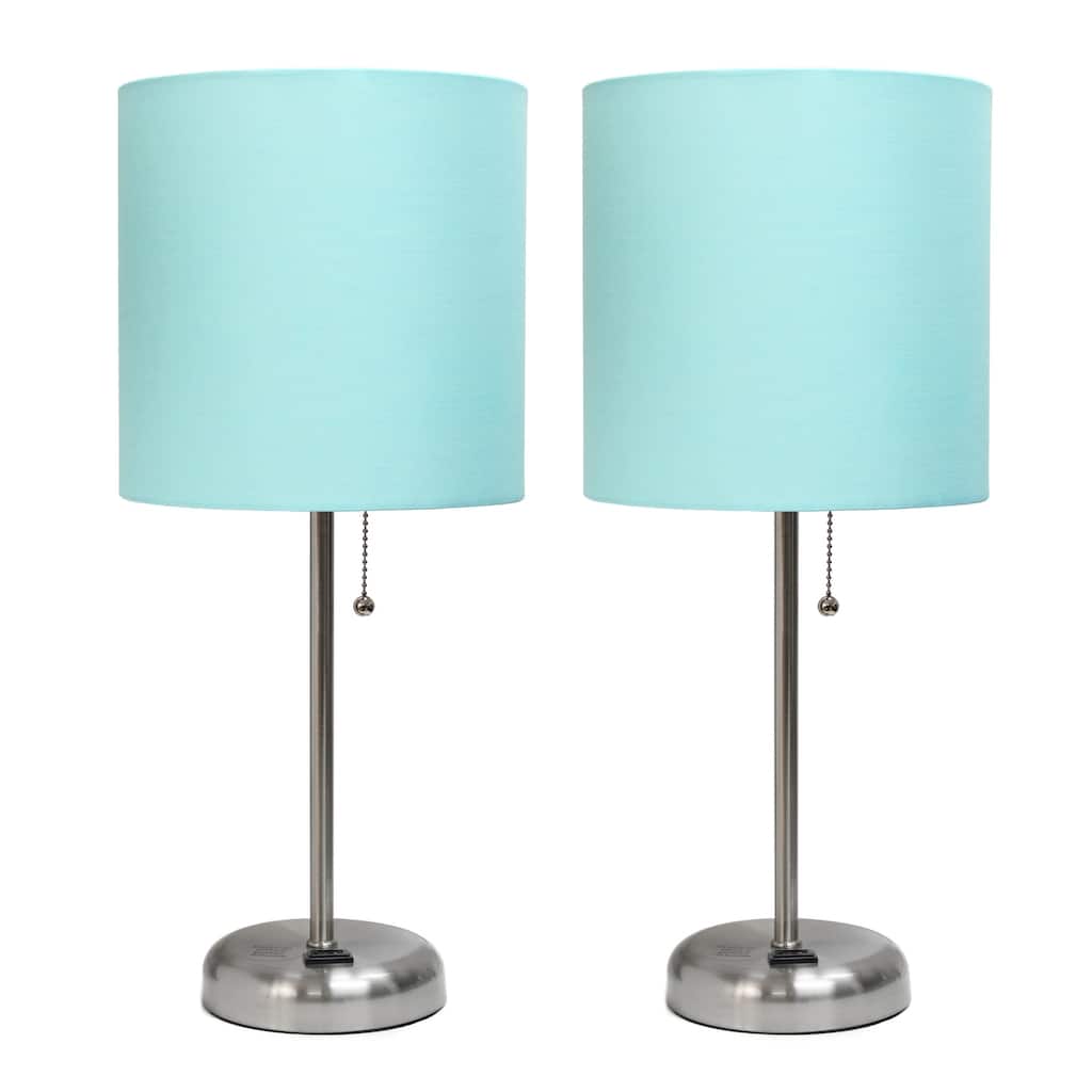 19.5 in. Brushed Steel Finish Table Lamp with Blue Shade, Durable Stick Lamp for End/Side Tables, Set of 2
