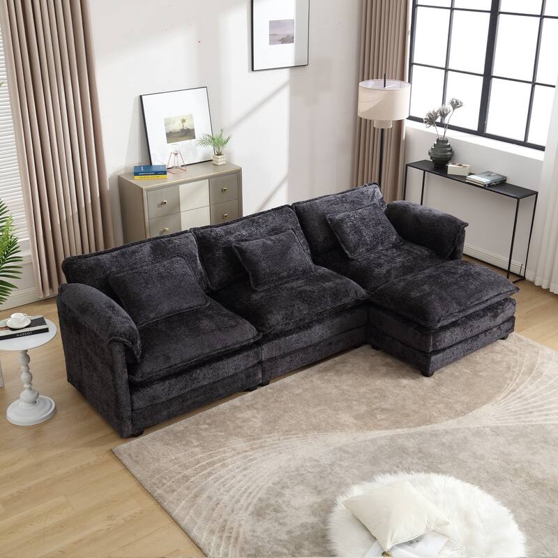 Chenille Fabric L-Shape Comfy Oversized three-seat Modular Sectional Sofa - Black