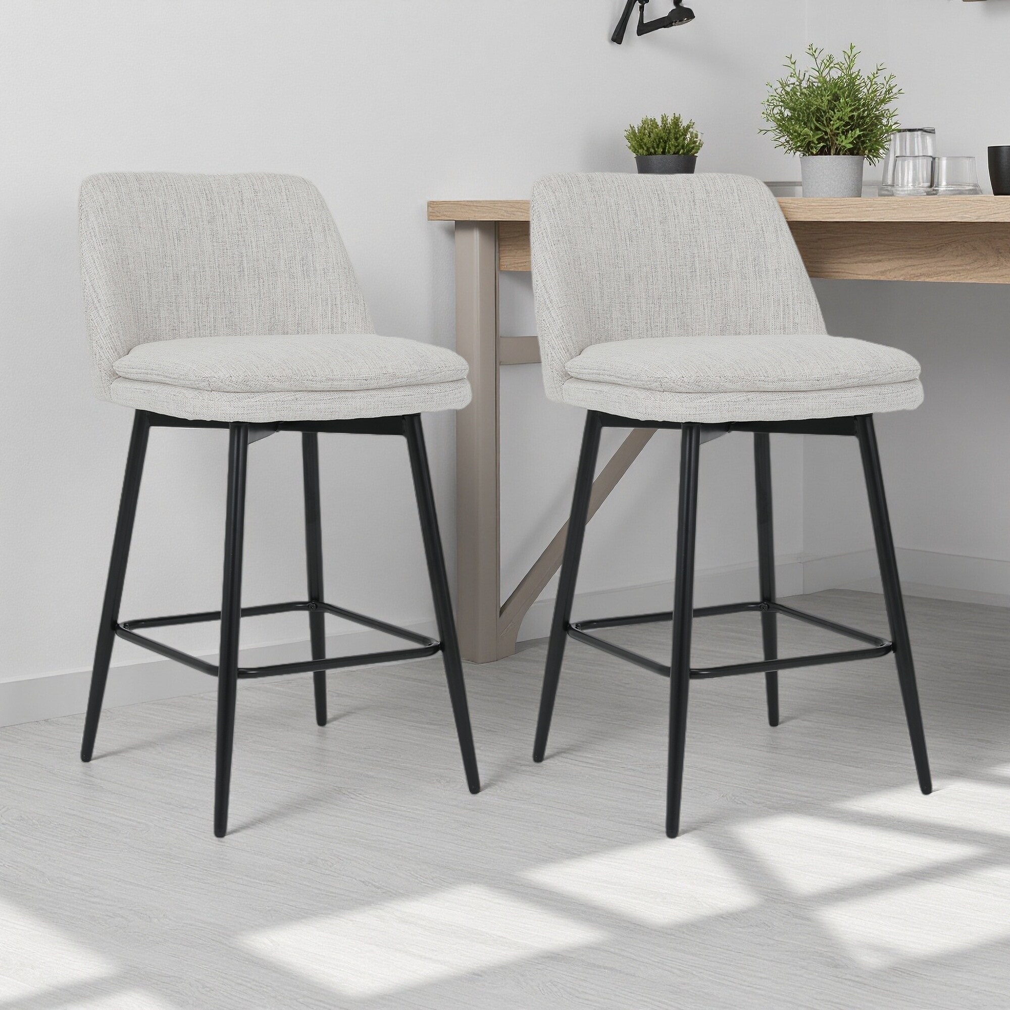 35.8"H Set of 2 Linen Upholstered Swivel Counter Height Bar Stools with Backrest - 360° Bar Chairs with Metal Legs and Footrest