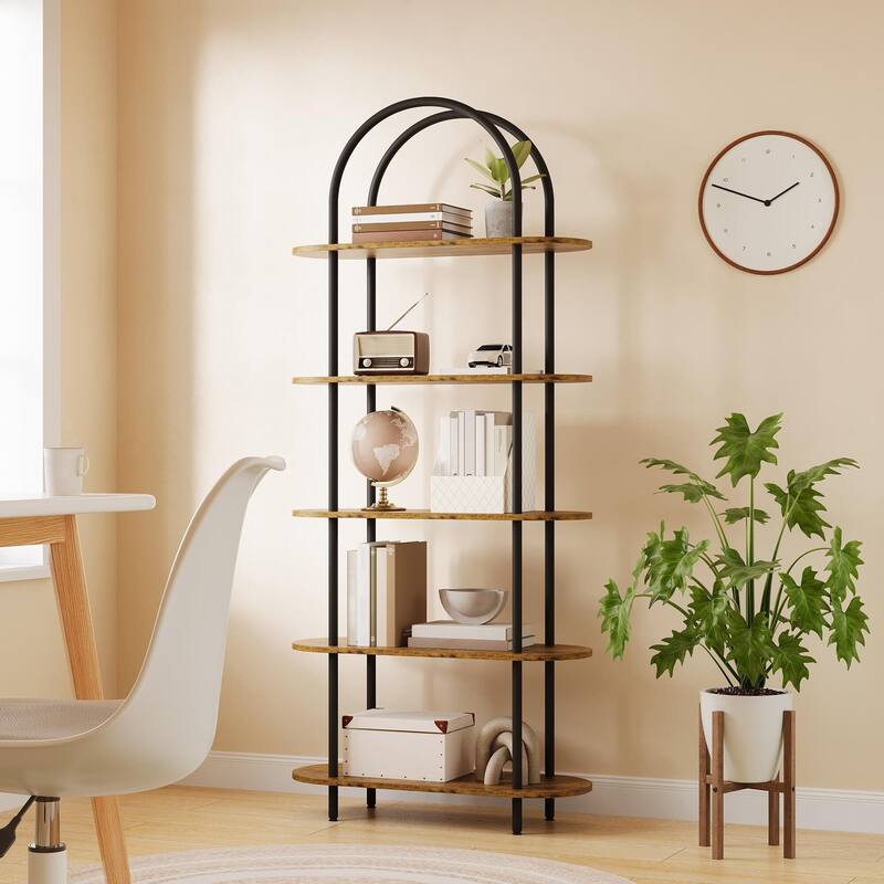 5-Shelf Bookcase, 71" Tall Metal Bookshelf,Modern Open Display Rack with Adjustable - Brown