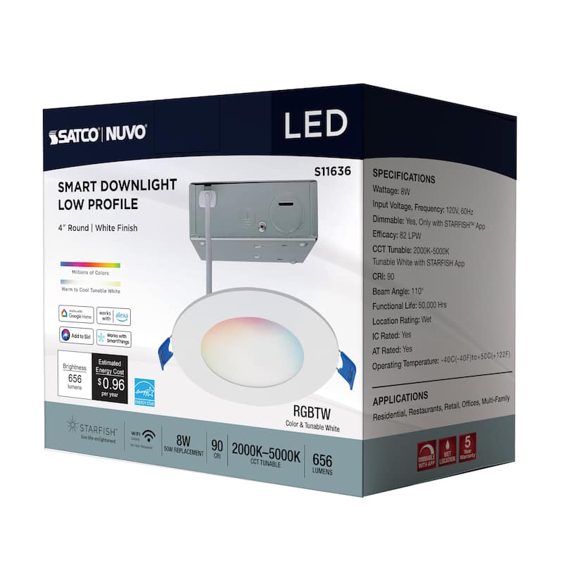 Starfish 8W LED Direct Wire Downlight 4-Inch Remote Driver RGBTW Round White