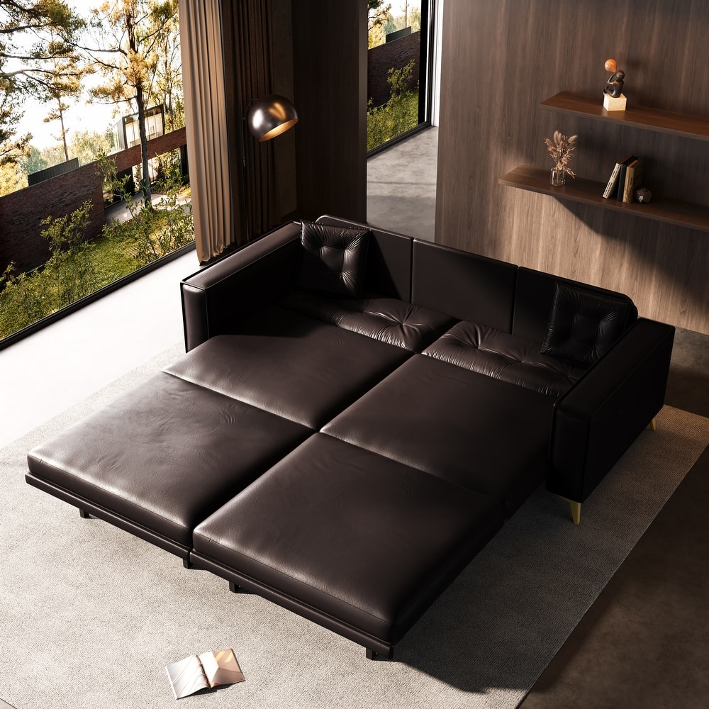 Oversized 3-in-1 Convertible Sofa Bed, 92.1" Faux Leather Square Arms Loveseat, Modern Pull-Out Sleeper Couch with Pillows