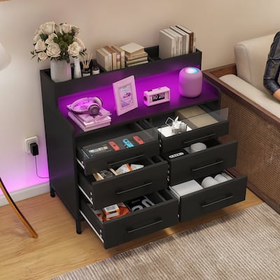 Moasis 6 Drawer Dressers & Chests of Drawers with LED Light Open Shelf Storage