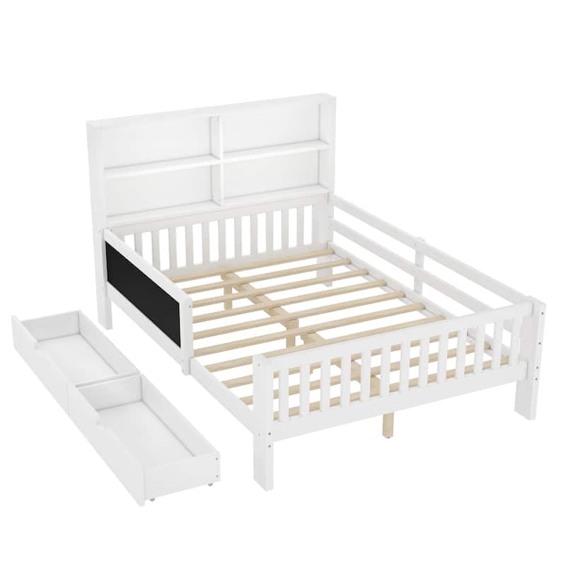 Childlike Fun Solid Wood Low-profile Platform Bed Storage Bed Frame with Side Chalkboard, Open Shelves, Drawers and Guardrails
