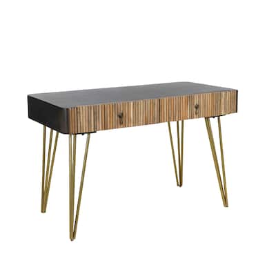 RRI Goods Modern Mango Wood Writing Desk with Antique Metal Accents and Golden Legs, Antique Home Office Desk