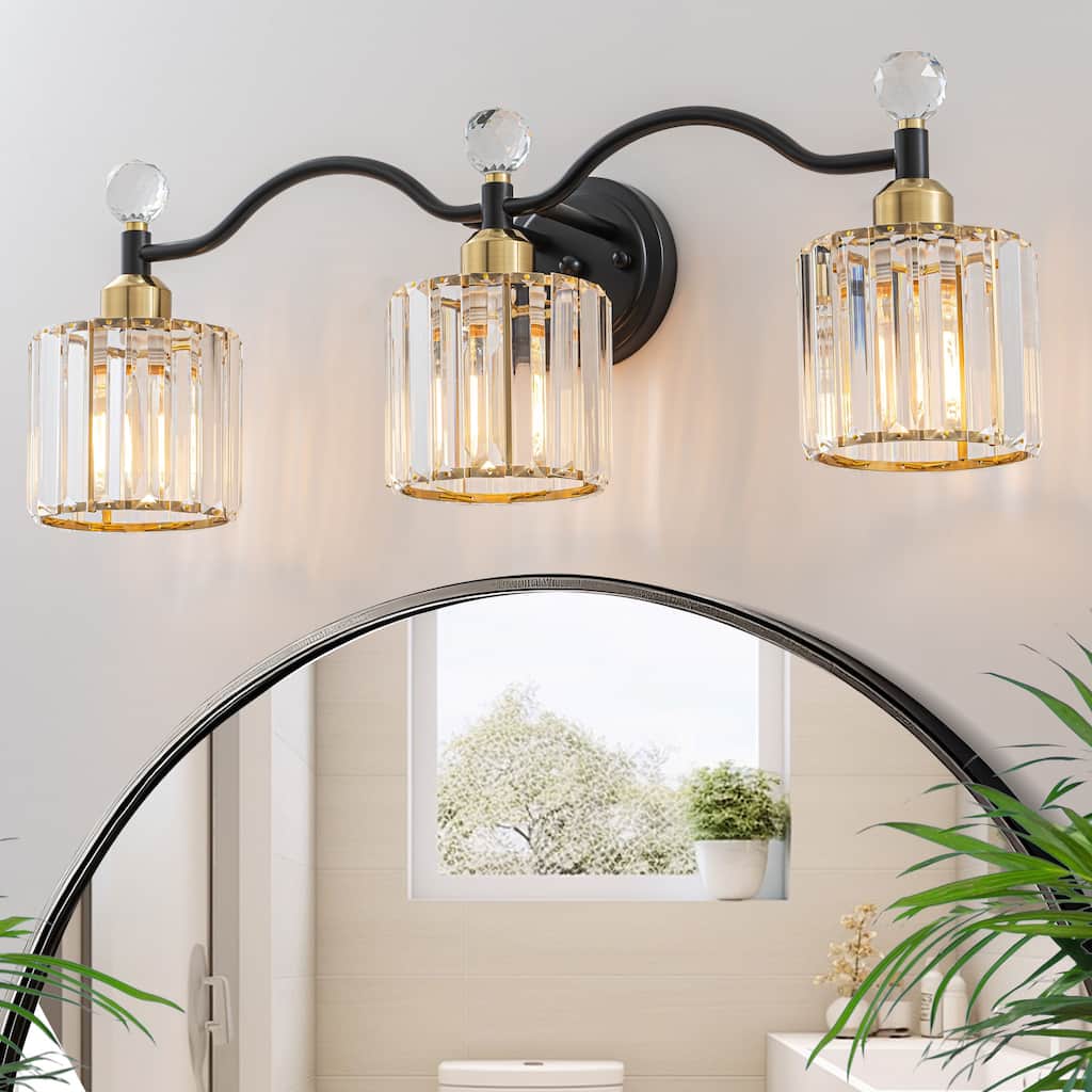 Starsky 3-Light Modern Crystal Bathroom Vanity Fixture with Ribbed Glass Shades and Sparkling Crystal Ball Accents