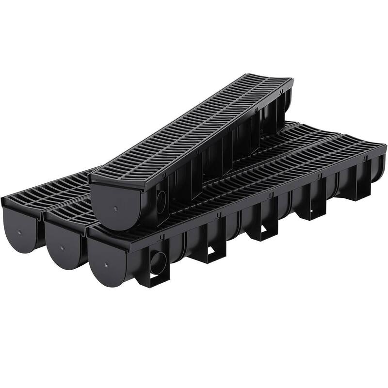 4-Piece High-Efficiency Surface Drainage Trench Drain System for Yard, Driveway, Garden, Patio & Sidewalk - N/A - Black