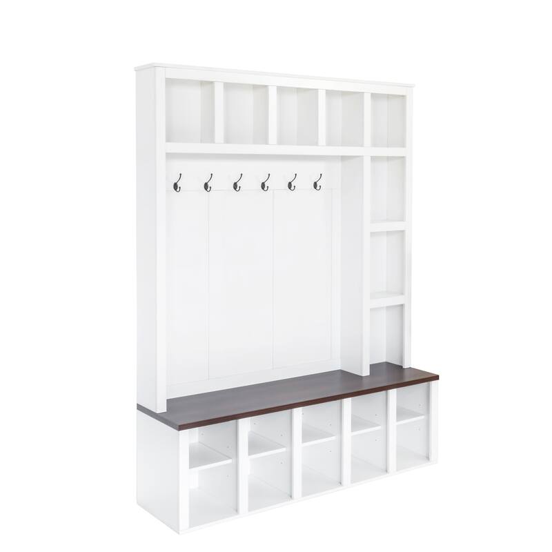4-in-1 Wood Coat Rack with 6 Hooks, Adjustable Shelves and 13 Cubbies