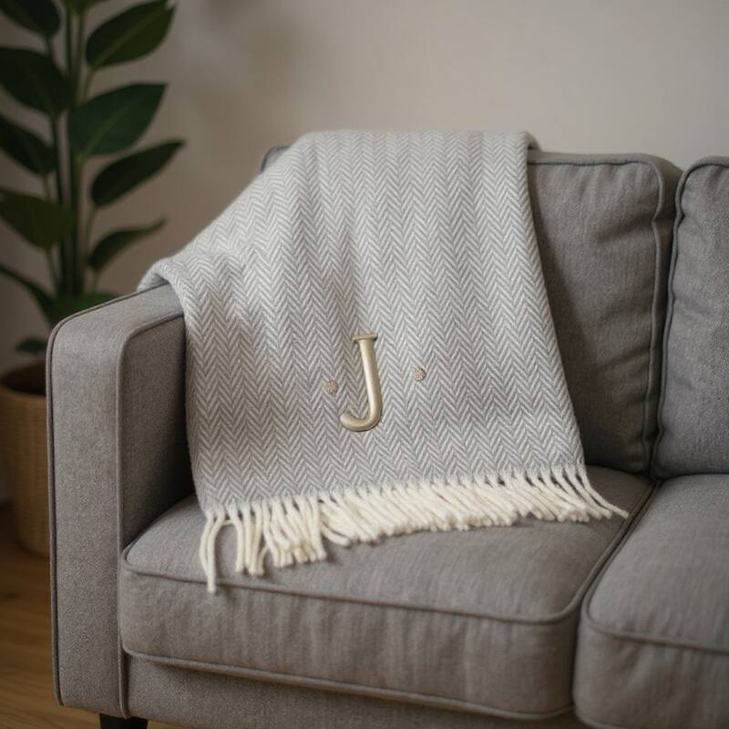 55" X 70" Gray And White Herringbone Cotton Blend A Initial Throw Blanket with Tassels And Embroidery - J