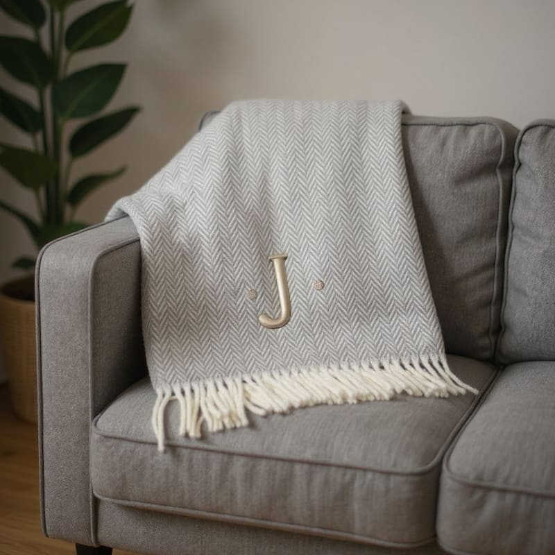 HomeRoots 55" X 70" Gray And White Herringbone Cotton Blend J Throw Blanket with Tassels And Embroidery - Throw - Gray/White