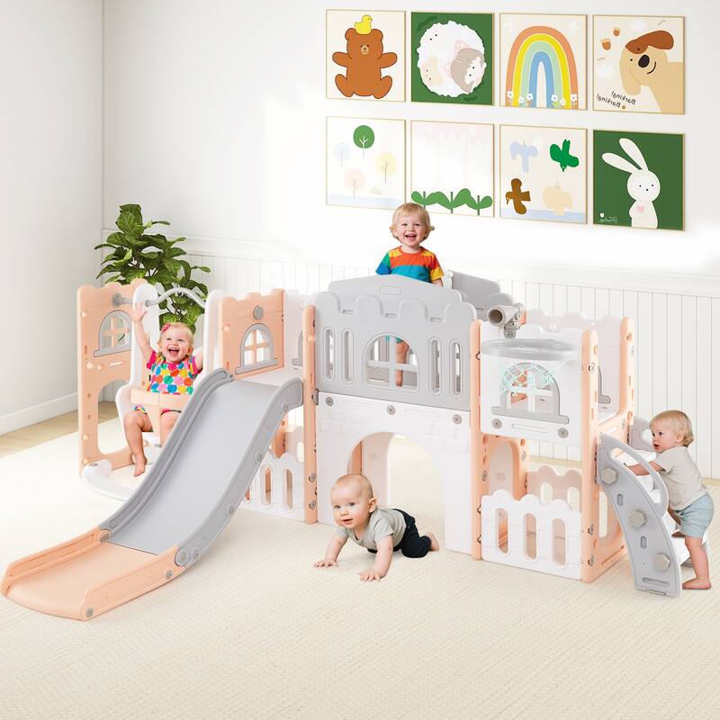 Gymax 10 in 1 Toddler Swing & Slide Set w/Basketball Hoop Telescope