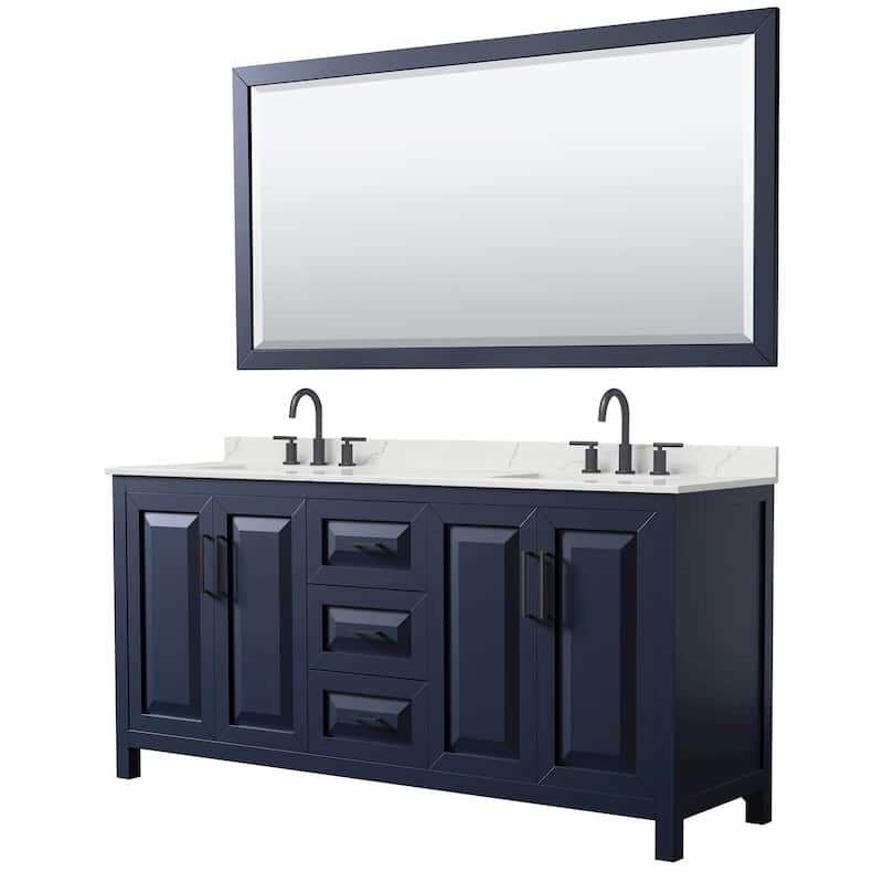 Wyndham Collection WCV252572D-QTZ-US3M70 Daria 72" Free Standing - Dark Blue / Giotto Quartz Top / Matte Black