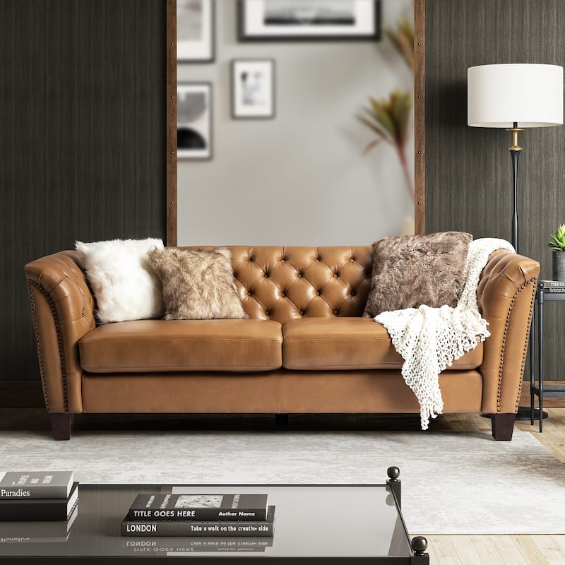 Regina 82.5" Tufted Genuine Leather Sofa Couch for Living Room By HULALA HOME