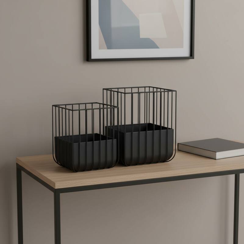 HomeRoots Set of Two Black Metal Wire Cage Square Pot Planters - 15.75 in. x 19.88 in. x 15.75 in. - Black - 15.75 in. x 19.88 in.  x 15.75 in.