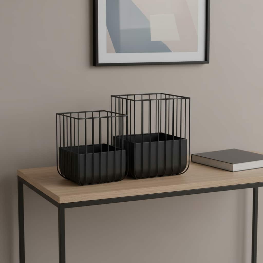 HomeRoots Set of Two Black Metal Wire Cage Square Pot Planters - 15.75 in. x 19.88 in. x 15.75 in.