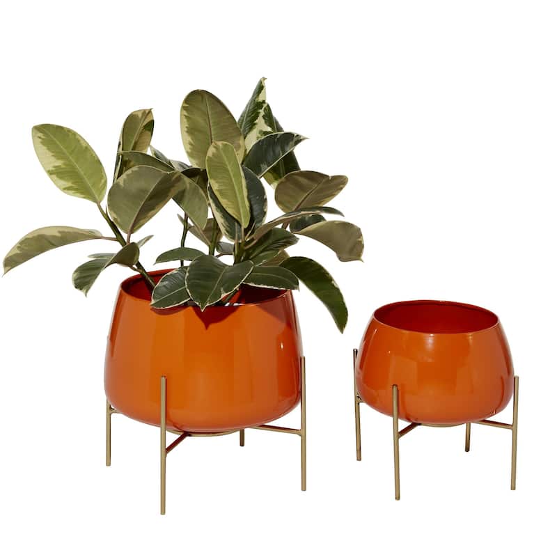 Metal Rounded Dome Indoor Outdoor Planter with Removable Stands - Set of 2 Teal, Yellow, Orange - Roche River Decor - Orange