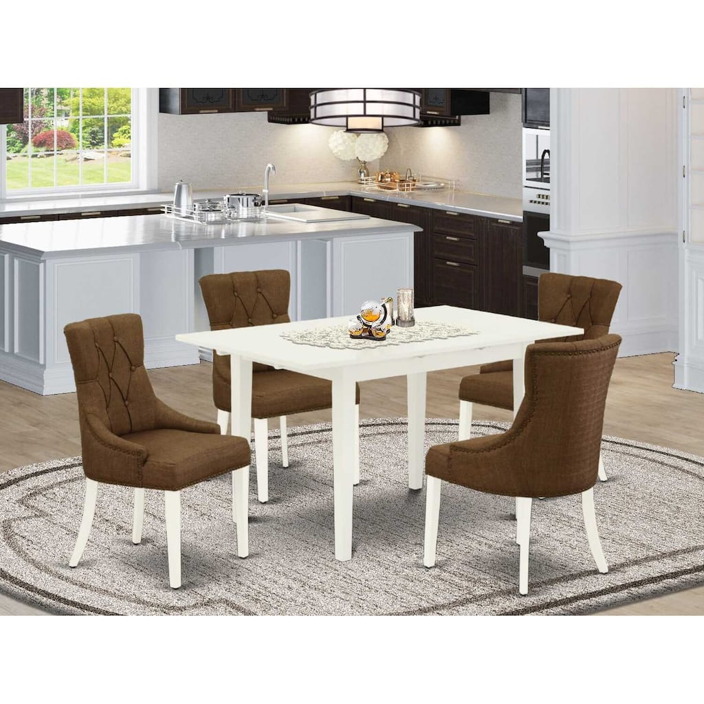 HomeStock 5-Pc Linen White Finish Solid Wood Top - Rectangular Upholstered Dining Room Set with Butterfly Leaf - Seats 4