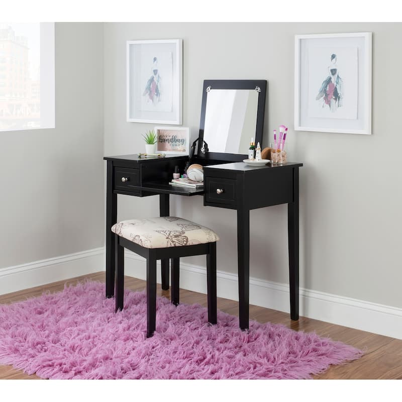 Linon Drochia Black Vanity Table with Mirror and Stool