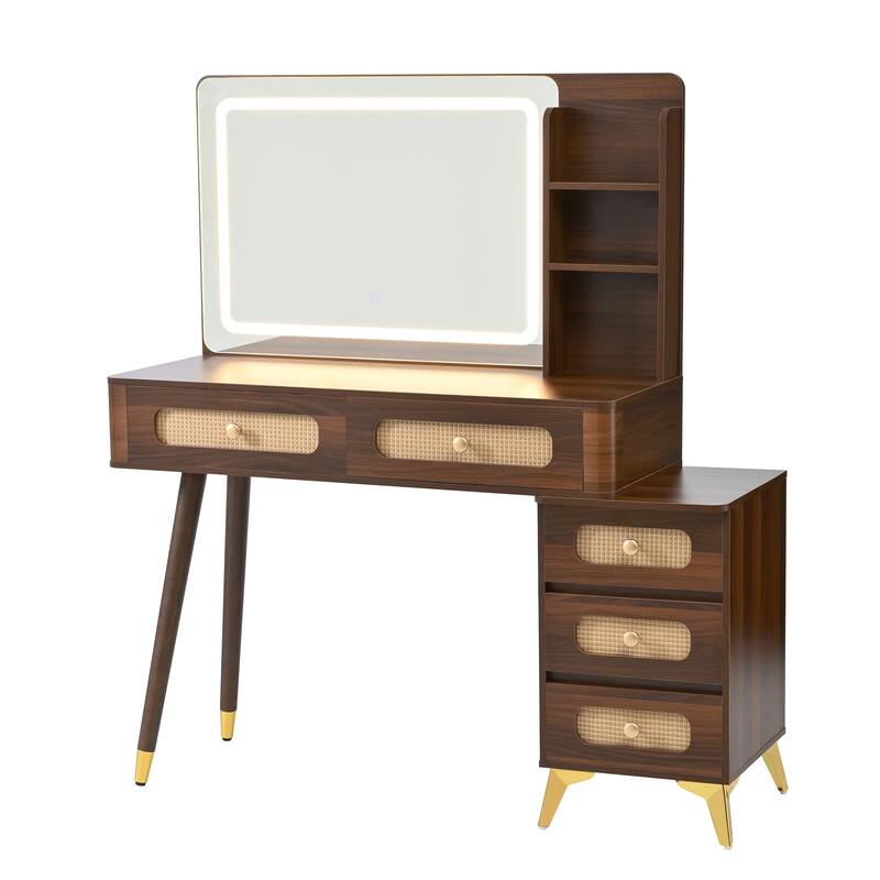 Retro Rattan Makeup Vanity Desk with 5 Drawers and Storage Shelf, Dressing Table with Rectangular Mirror and Touch Light
